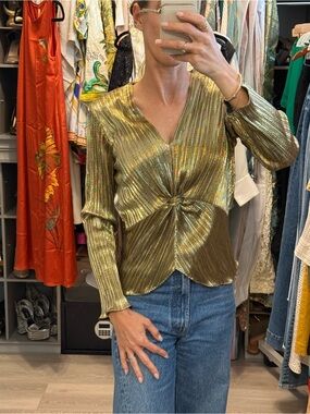 Vintage Metallic Gold Twist-Front Long-Sleeve Top